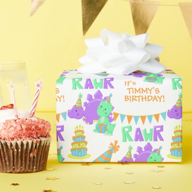 Papier Cadeau Anniversaire de enfant du parti Dinosaure vert vio (Fête d'anniversaire)