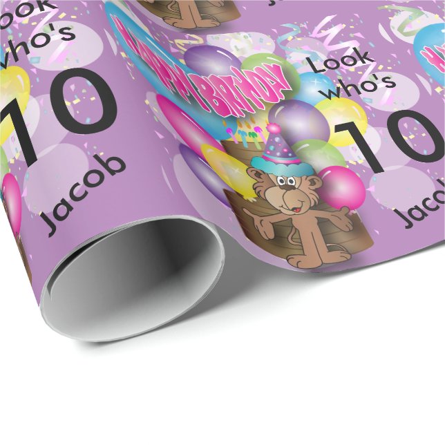 Papier Cadeau Anniversaire de enfant mignon de pourpre de singe (Coin rond)