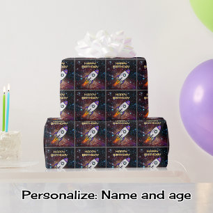 Papier Cadeau Anniversaire de fusée violette nom et âge personna