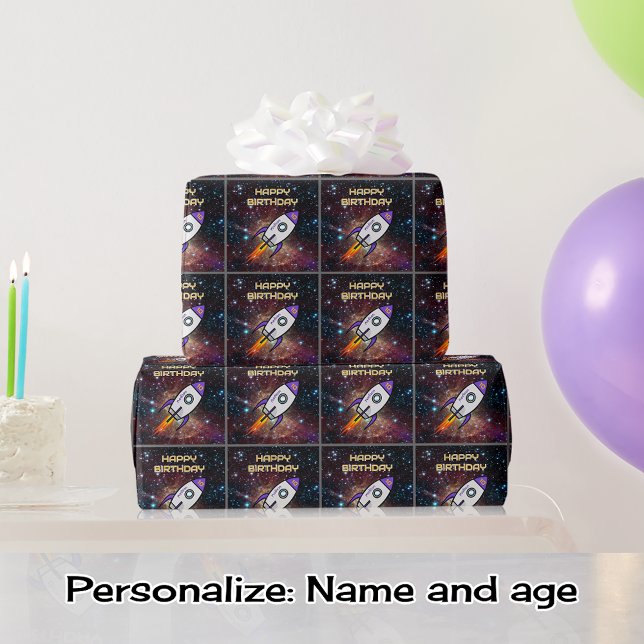 Papier Cadeau Anniversaire de fusée violette nom et âge personna (Créateur téléchargé)