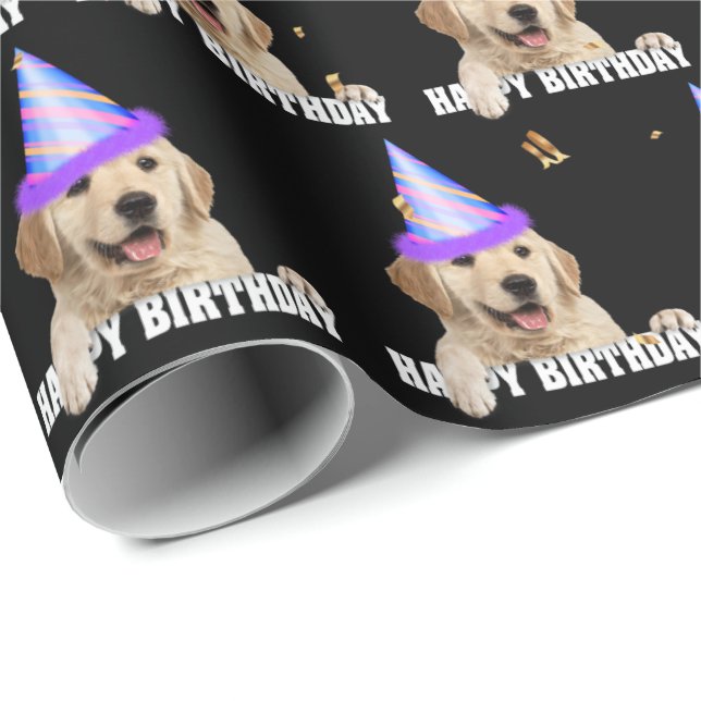 Papier Cadeau Anniversaire de Golden Retriever avec confetti (Coin rond)