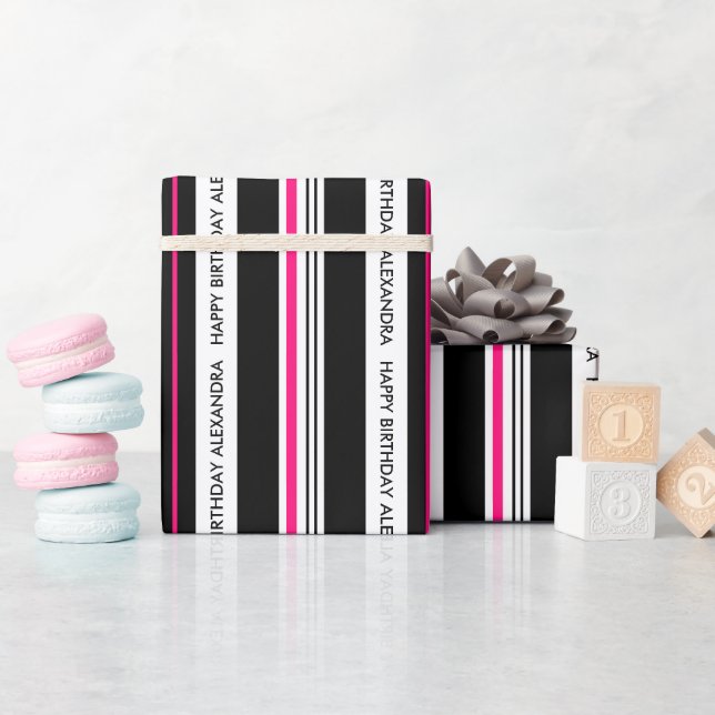 Papier Cadeau Anniversaire de la fille Noir et Rose chaud (Baby Shower)