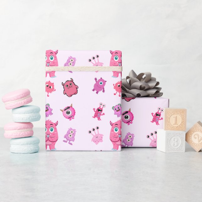 Papier Cadeau Anniversaire de Monstre Mignon Rose  (Baby Shower)
