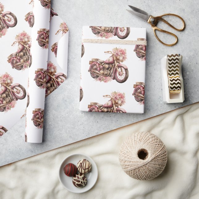 Papier Cadeau Anniversaire de moto florale rose (Artisanat)