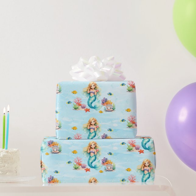 Papier Cadeau Anniversaire de Sirène à l'aquarelle (Cadeaux de fête)