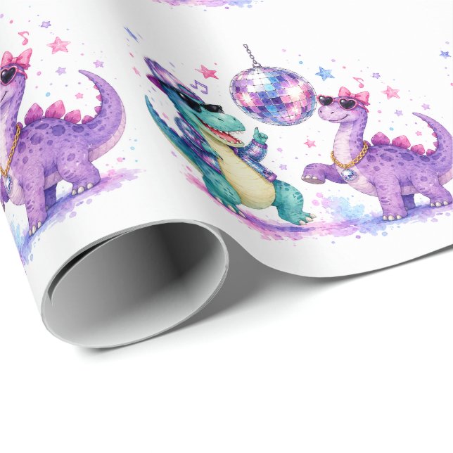 Papier Cadeau Anniversaire disco dinosaure aquarelle (Coin rond)