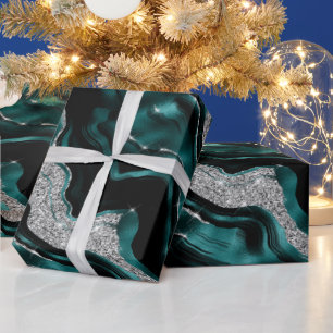 Papier Cadeau Anniversaire élégant à l'agate sarcelle et paillet