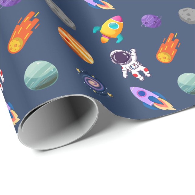 Papier Cadeau Anniversaire Espace Extérieur Bleu Foncé (Coin rond)