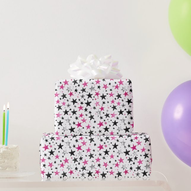 Papier Cadeau Anniversaire Étoiles Rose Noir Argent (Cadeaux de fête)
