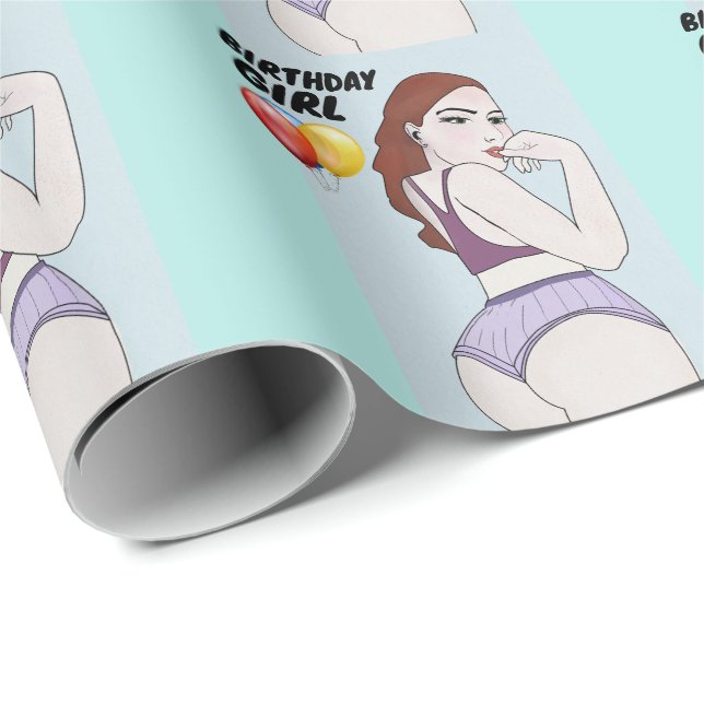 PAPIER CADEAU ANNIVERSAIRE FILLE CURVY BIG BOTTOMED BRUNETTE (Coin rond)