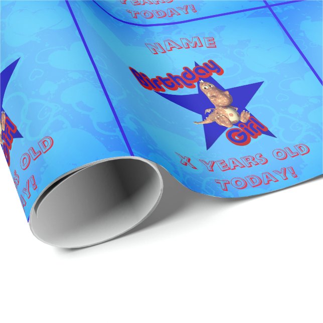 Papier Cadeau Anniversaire Fille Cute Dinosaur Personnalisé Anni (Coin rond)