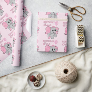 Papier Cadeau Anniversaire Fille rose Bébé Eléphant