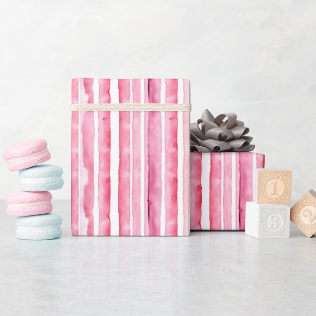 Papier Cadeau Anniversaire Fille Rose et Blanc Rayures (Baby Shower)