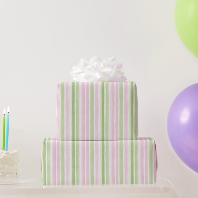 Papier Cadeau Anniversaire Filles Rose Pâle Vert Rayures (Cadeaux de fête)