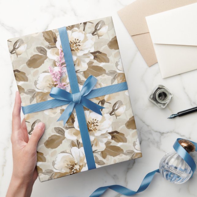 Papier Cadeau Anniversaire Floral Crème Blanc Marron (Cadeaux)
