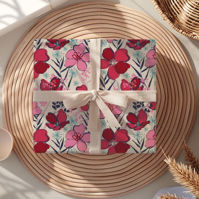 Papier Cadeau Anniversaire floral rose et rouge moderne (Créateur téléchargé)