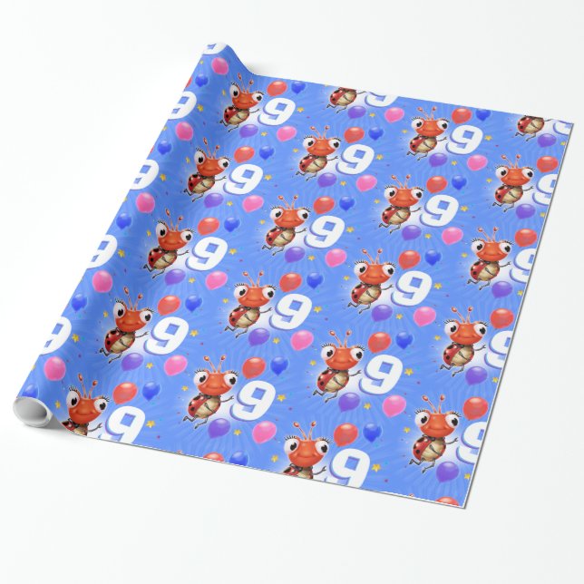 Papier Cadeau Anniversaire Garçon ou fille âge 9 Ladybug papier  (Déroulé)