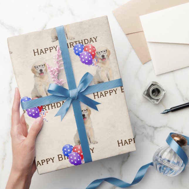 Papier Cadeau Anniversaire Golden Retriever Puppy Avec Ballons (Cadeaux)