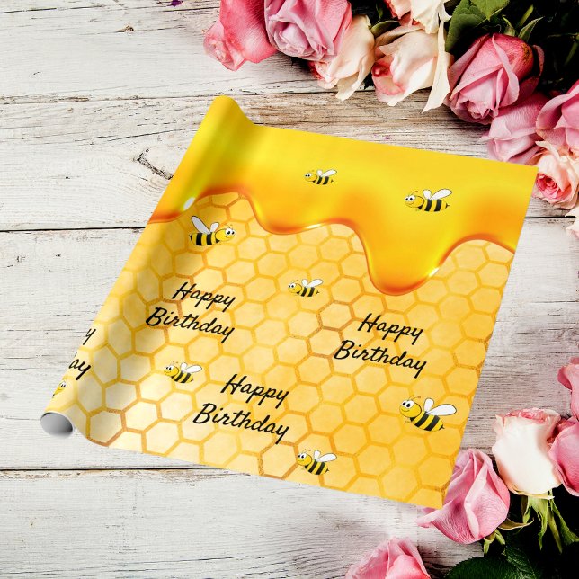 Papier Cadeau Anniversaire heureux bourdon abeilles miel goutte  (Créateur téléchargé)