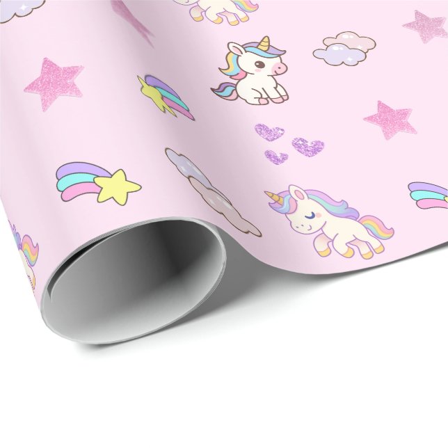 Papier Cadeau Anniversaire Licorne Rose Clair (Coin rond)