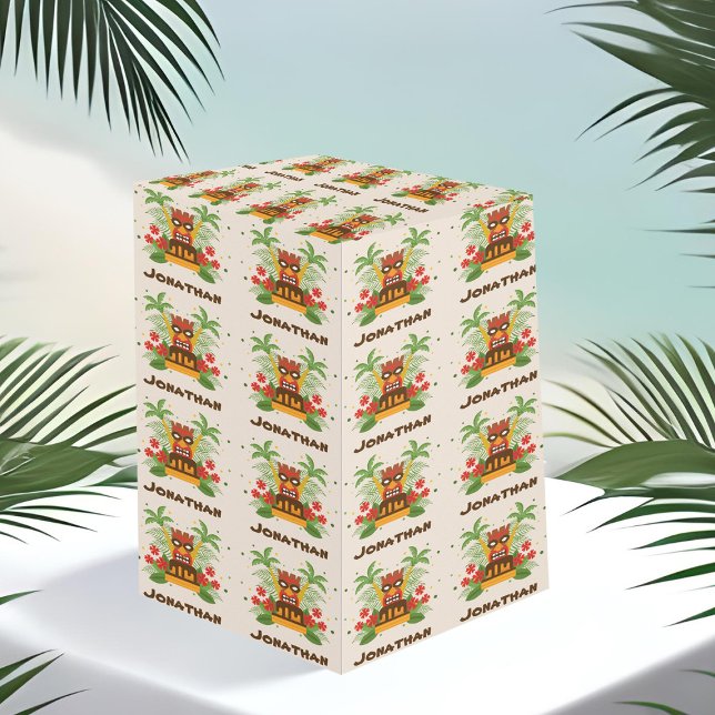 Papier Cadeau Anniversaire Luau Tiki Nom de la barre Vintage Haw (Retro Hawaiian birthday themed wrapping paper with tiki pattern and name template)