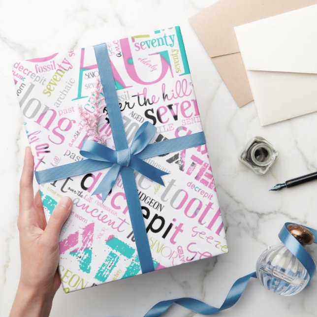 Papier Cadeau Anniversaire Mot Cloud Soixante-dix rose ID266 (Cadeaux)