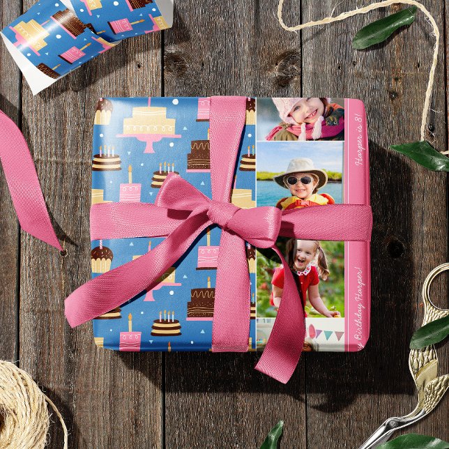 Papier Cadeau Anniversaire Motif de gâteau Nom personnalisé + Ph (Créateur téléchargé)