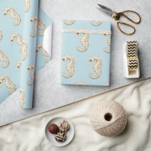 Papier Cadeau Anniversaire Océan Plage Hippocampes Crème Bleue