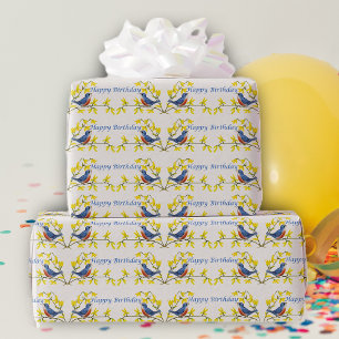 Papier Cadeau Anniversaire Oiseaux bleus rouges sur les fleurs d