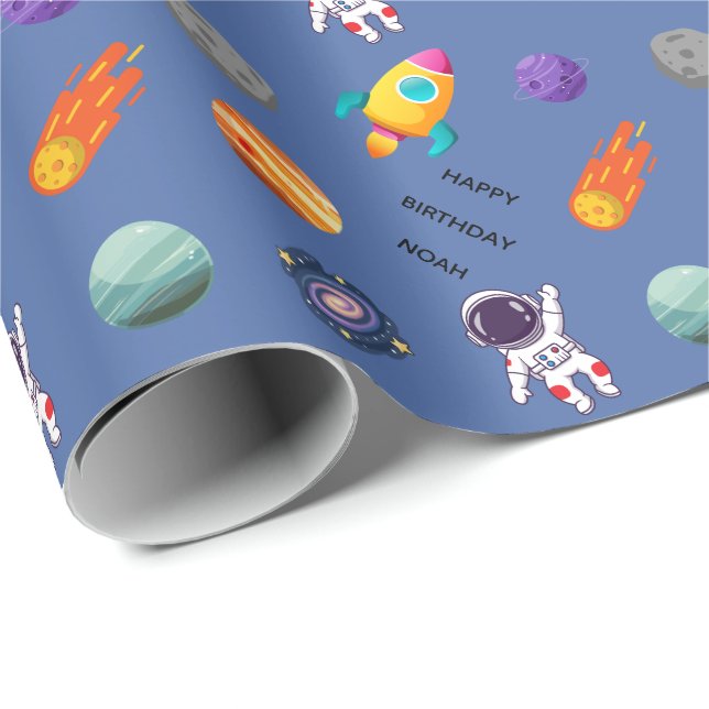 Papier Cadeau Anniversaire personnalisé dans l'espace (Coin rond)