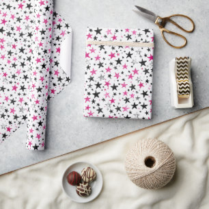 Papier Cadeau Anniversaire Pink Silver Black Stars