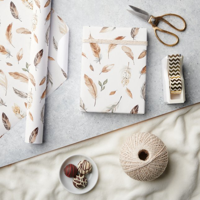 Papier Cadeau Anniversaire Plumes Boho Crème (Artisanat)