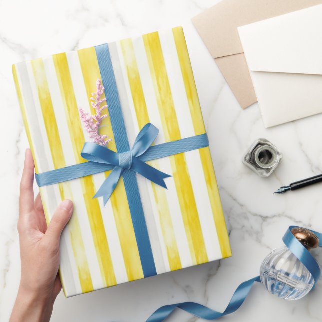 Papier Cadeau Anniversaire Rayures Blanches Jaune Citron (Cadeaux)
