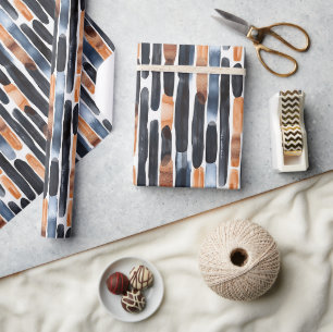 Papier Cadeau Anniversaire Rayures Bleu Marine Rouille Orange
