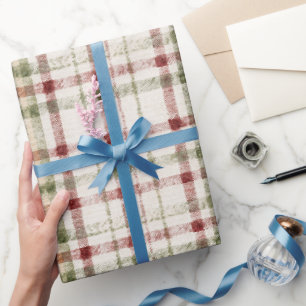 Papier Cadeau Anniversaire Rayures Carreaux Rouges Vertes Crème