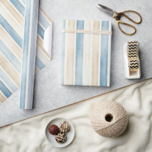 Papier Cadeau Anniversaire Rayures Crème Bleu Plage