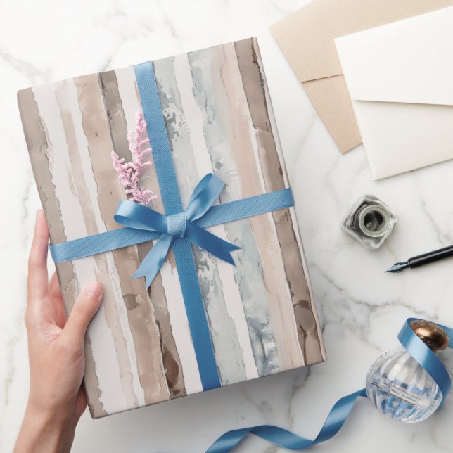 Papier Cadeau Anniversaire Rayures Crème Bleue Marron (Cadeaux)