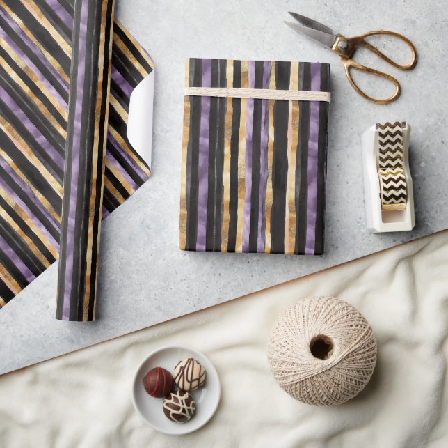 Papier Cadeau Anniversaire Rayures Or Noir Violet (Artisanat)