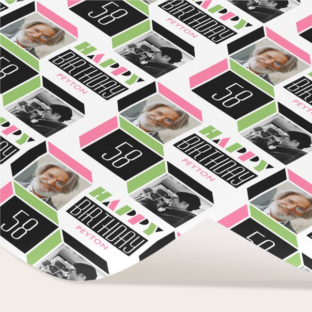 Papier Cadeau Anniversaire Retro Cube Photo 58th Pink Green Whit (Créateur téléchargé)