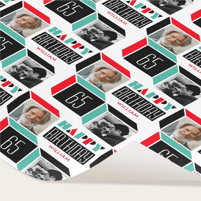 Papier Cadeau Anniversaire Retro Cube Photo 65th Red Green White (Créateur téléchargé)
