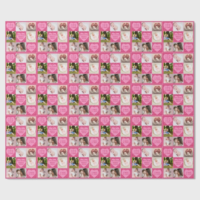 Papier Cadeau Annonce de naissance de bébé fille rose moderne av (Plat)