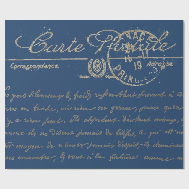 Papier Cadeau Antique Carte Bleue Postale Script français (Plat)