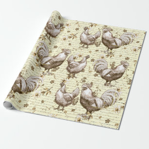 Papier Cadeau Antique Coq Beige Vintage Hen French Script