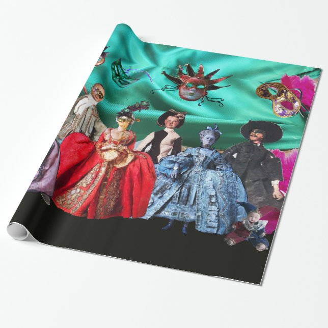 PAPIER CADEAU ANTIQUE ITALIENNE PUPPETS ET MASQUES MASQUERADE PA (Déroulé)