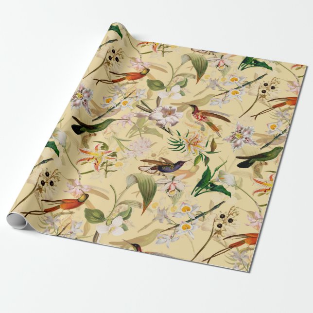 Papier Cadeau Antique Motif de la jungle des colibris tropicaux  (Déroulé)