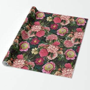 Papier Cadeau Antique Nostalgale Redouté Peonies Motif noir