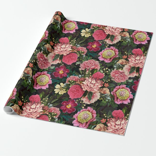 Papier Cadeau Antique Nostalgale Redouté Peonies Motif noir (Déroulé)