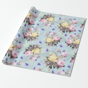 Papier Cadeau Antique Nostalgale Redouté Rose bleu Motif