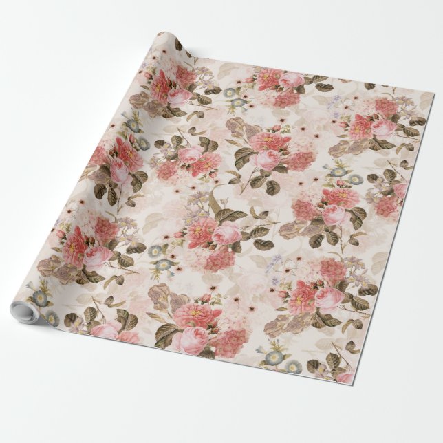 Papier Cadeau Antique Nostalgale Redouté Rose sépia Motif (Déroulé)