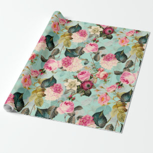 Papier Cadeau Antique Nostalgique Roses Redouté Motif menthe